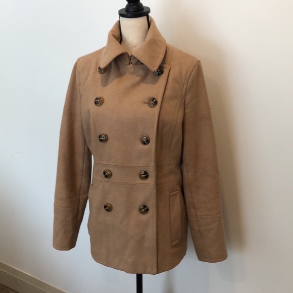 Pure Alfred Sung wool pea coat 🧥  camel colour SZ L button down - Picture 1 of 10